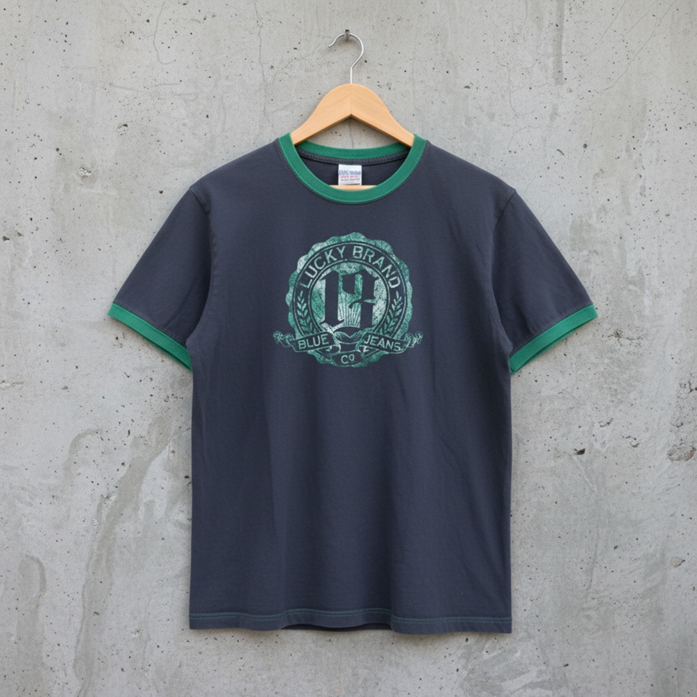 VTG 90’s Lucky Brand Graphic Ringer T-Shirt Charcoal Green